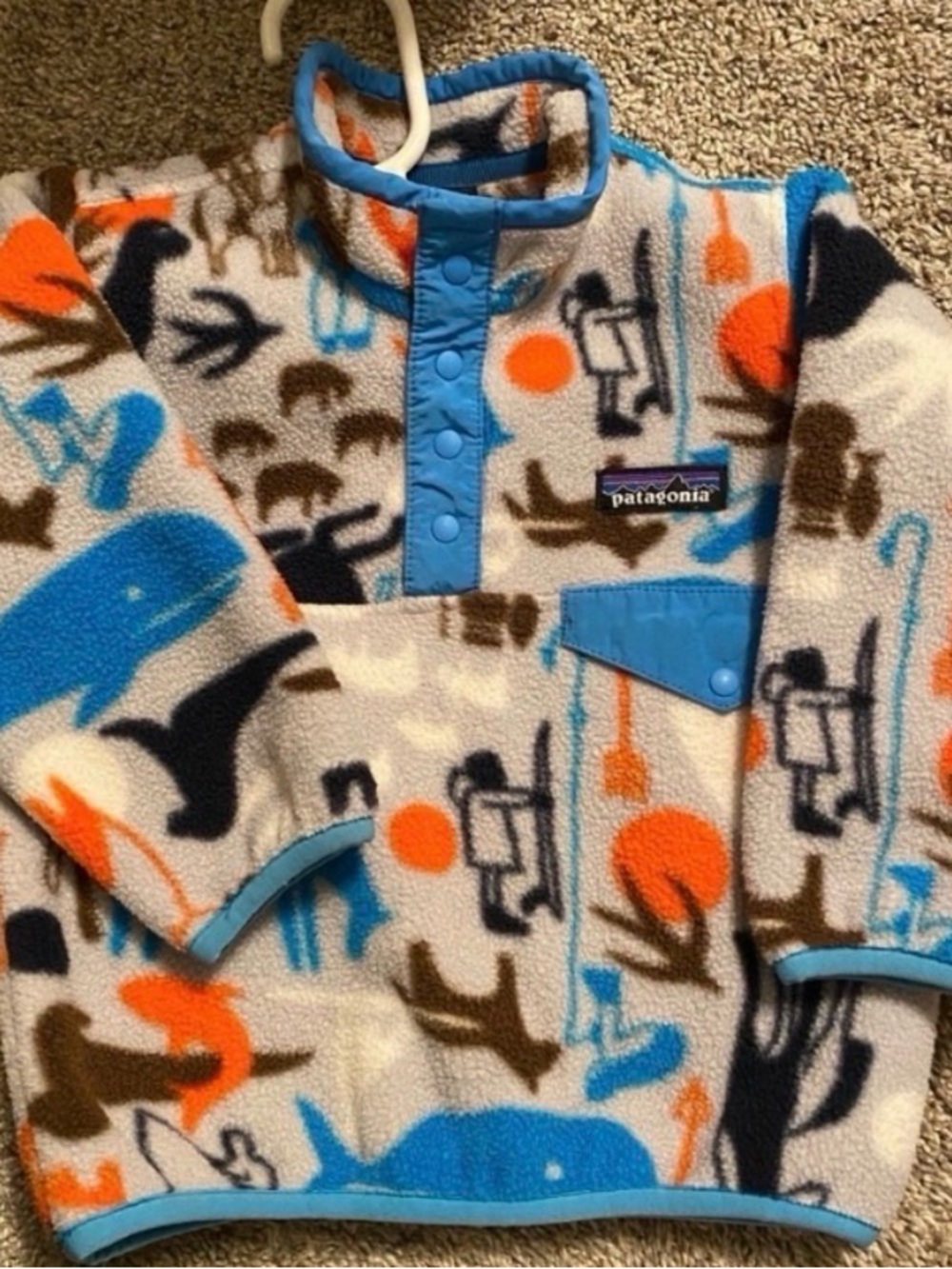 Patagonia Fleece Pullover in White, Blue, Orange and Brown
